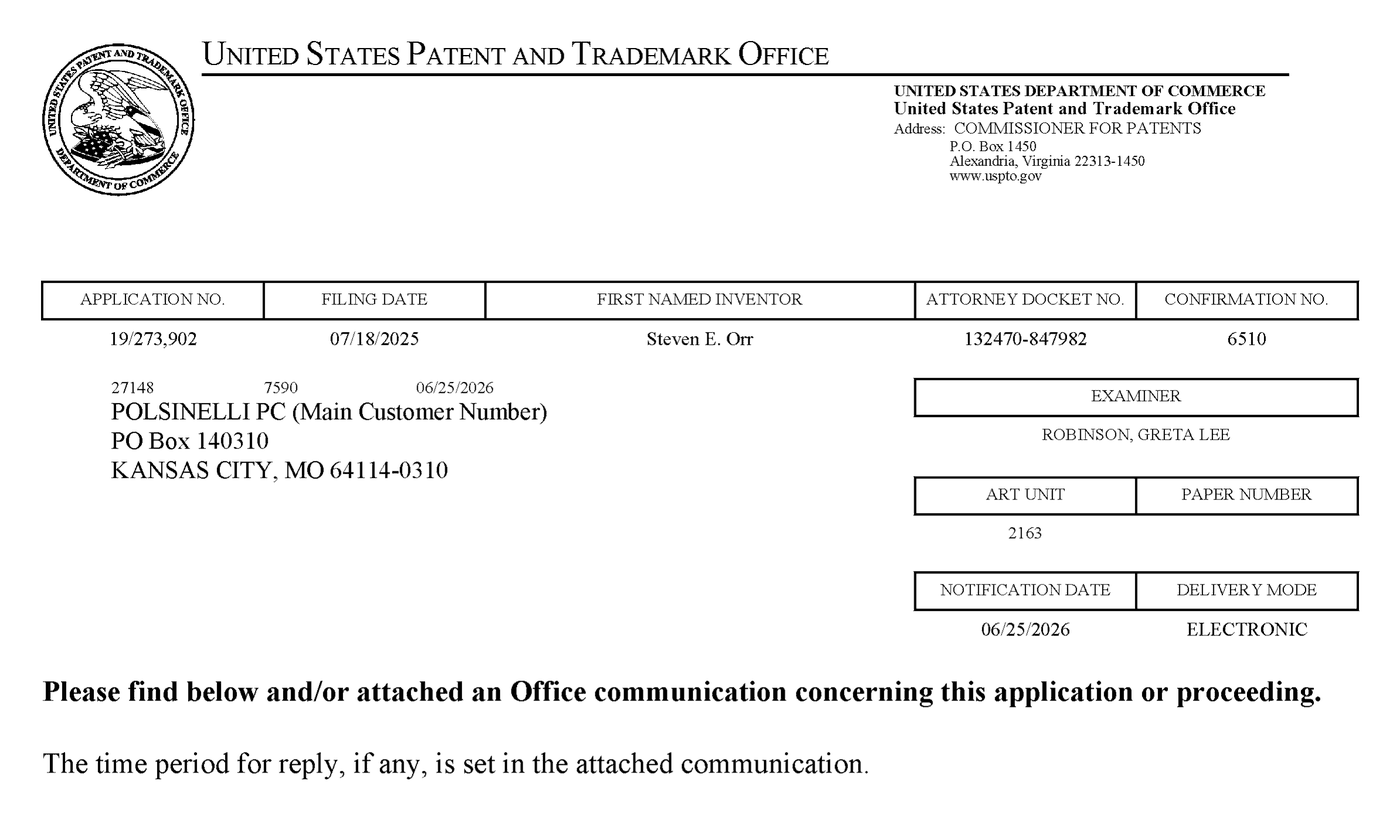 First page of a United States Patent and Trademark Office communication on the application, naming Steven E. Orr as first named inventor