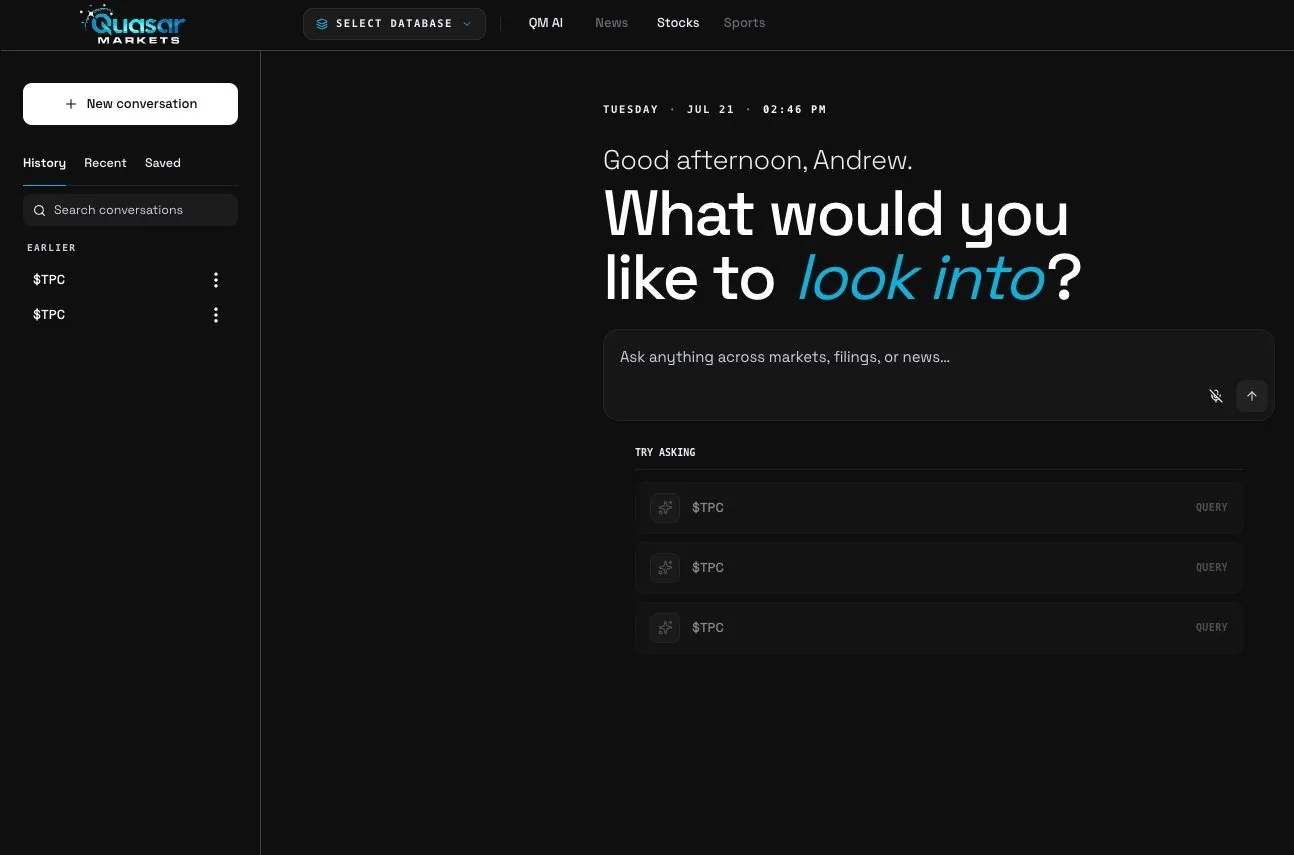 Ask Quasar Markets, captured from the live platform